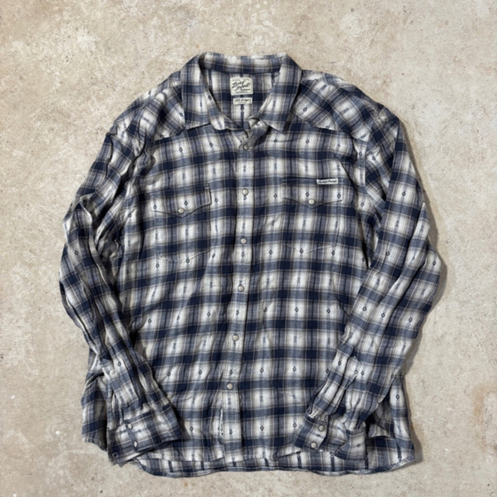 Lucky Brand Plaid Dobby Shirt Men's Size XXL Western Long Sleeve White Blue Snap